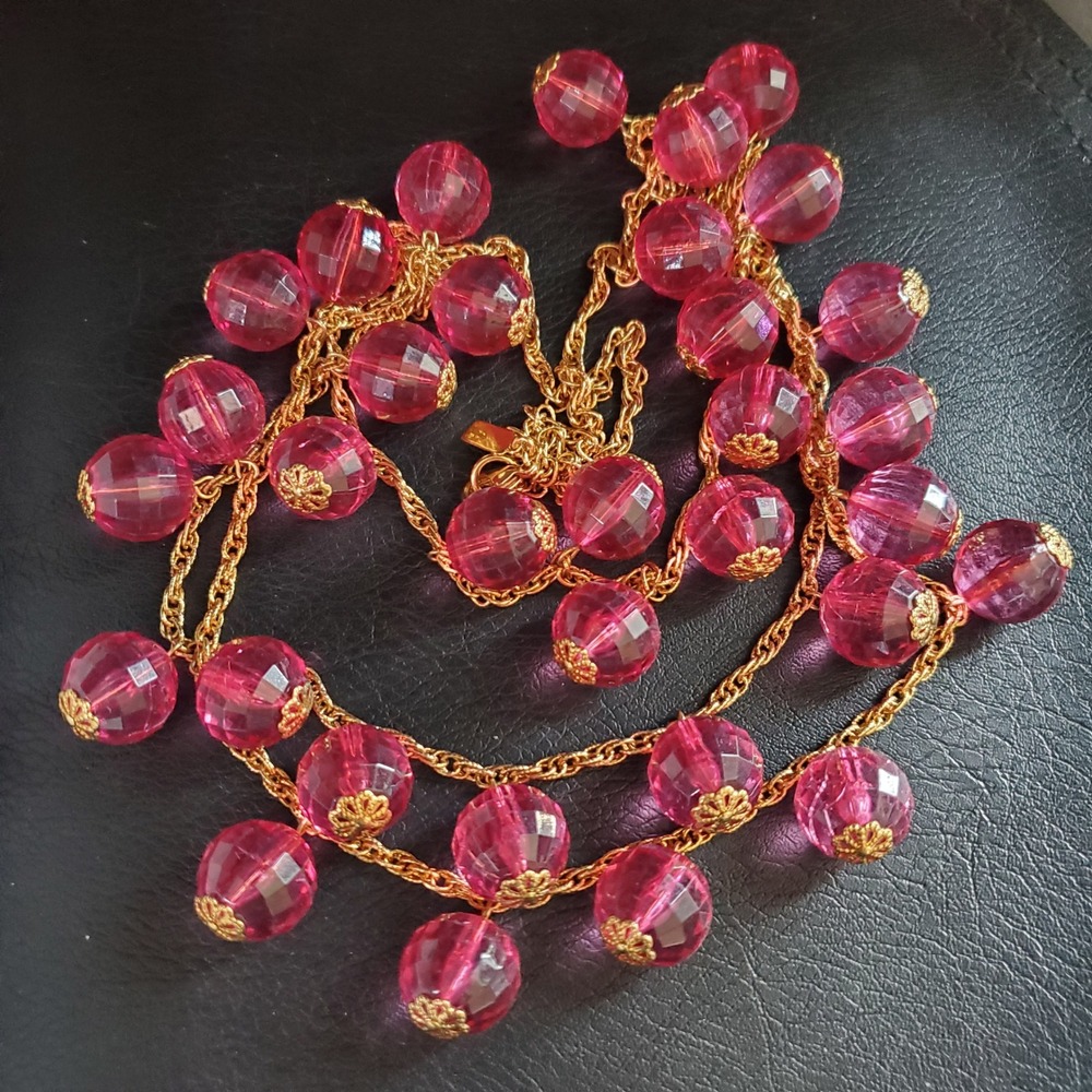 Kate Spade New York Pink Faceted Bead Triple Strand Statement Necklace Gold Tone - Picture 6 of 6